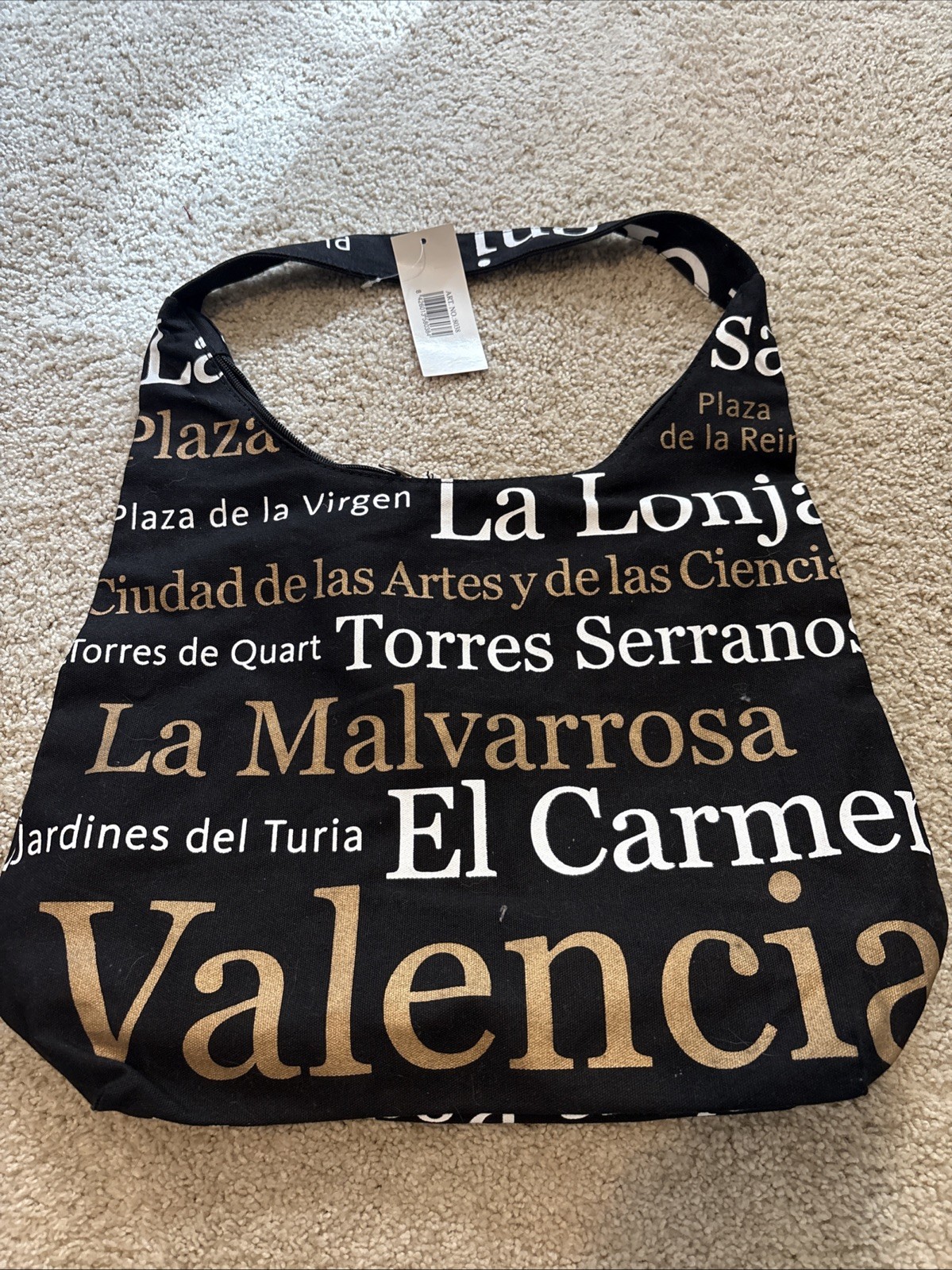 NWT Valencia Spain Themed Zip Up Tote Bag Travel Canvas Black Approx 17 x 13 x 6