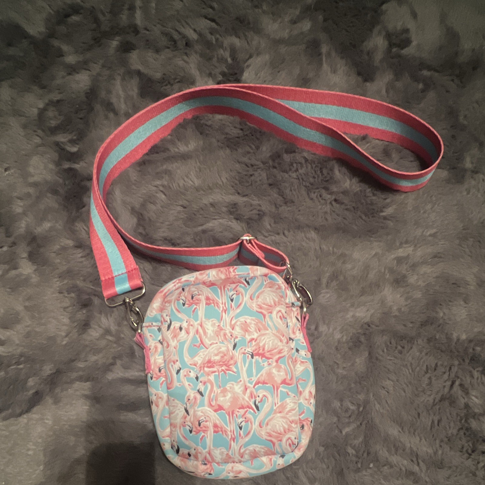 Simply Southern Small Pink/Blue Flamingo Print Crossbody Bag Zip Pockets Strap
