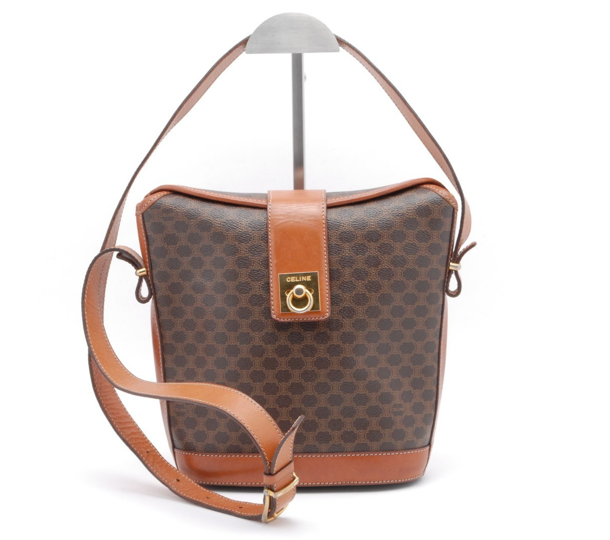 Celine Macadam PVC Leather Shoulder Bag Brown Crossbody Vintage Italy