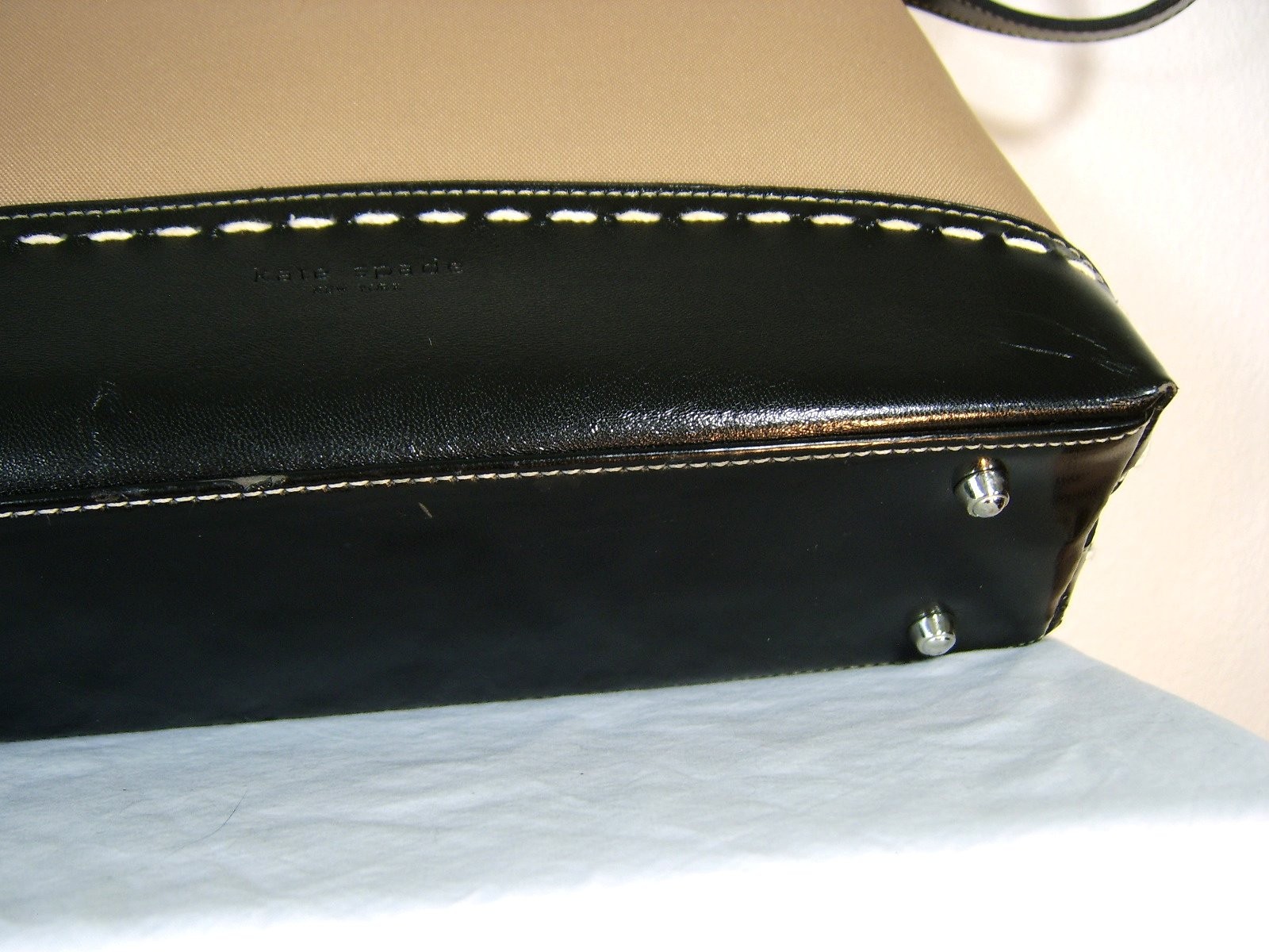 Kate Spade Brown Leather Tan Beige Textile Satchel Bag Purse Silver Zipper Strap