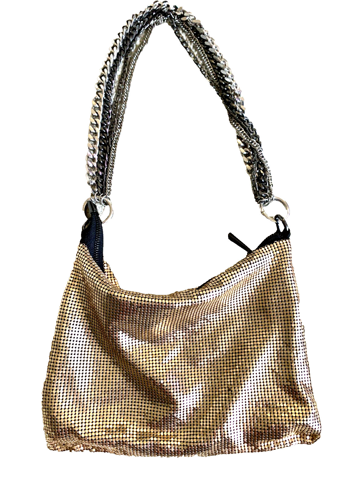 TopShop Vintage Gold Mesh Chainmail Bag with Silver Chain Clasp Zipper Closure
