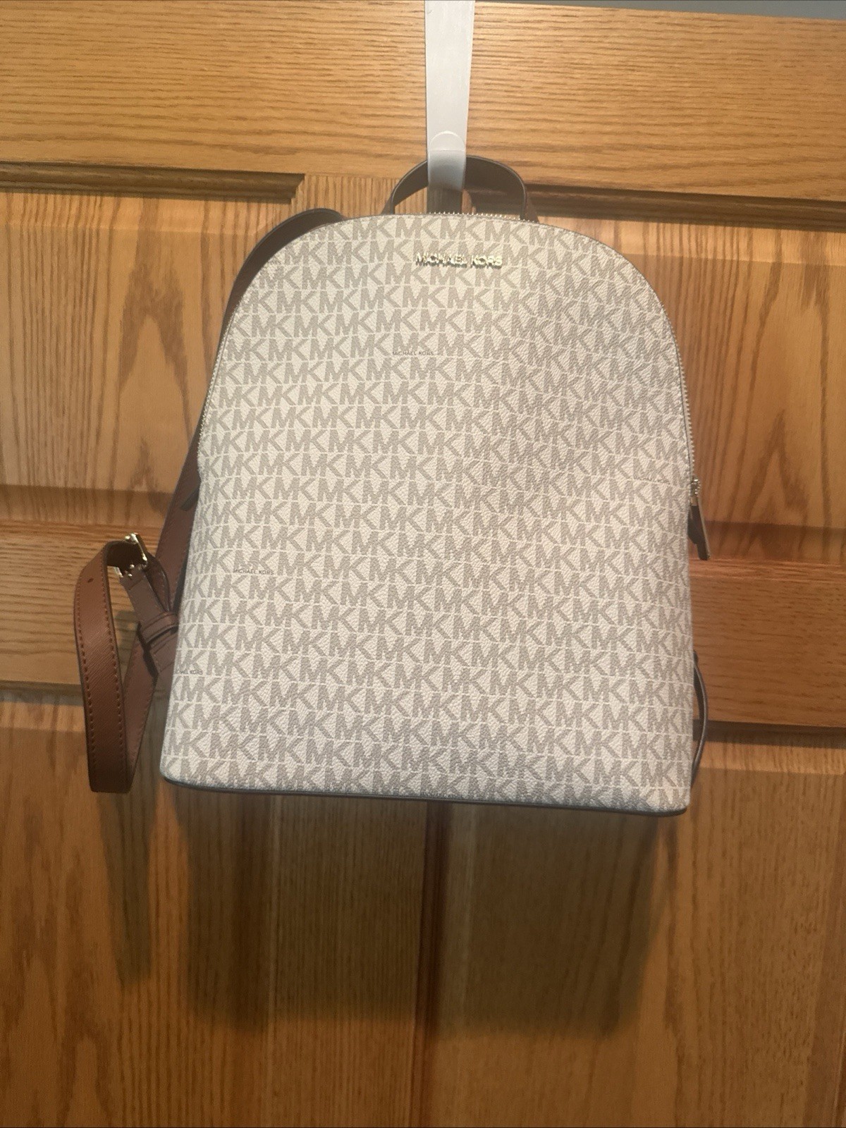 NWT $298 MICHAEL KORS CINDY LARGE BACKPACK MK LOGO Cream Vanilla GOLD 12x11x4”