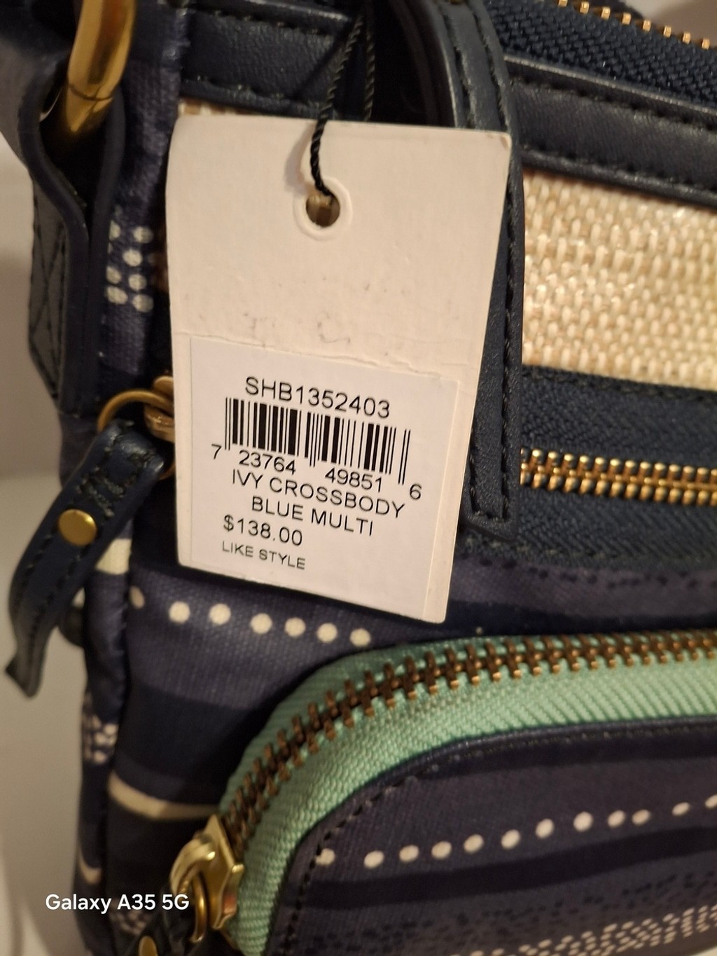 Fossil Blue and Beige Crossbody Bag with Green Accent NWT