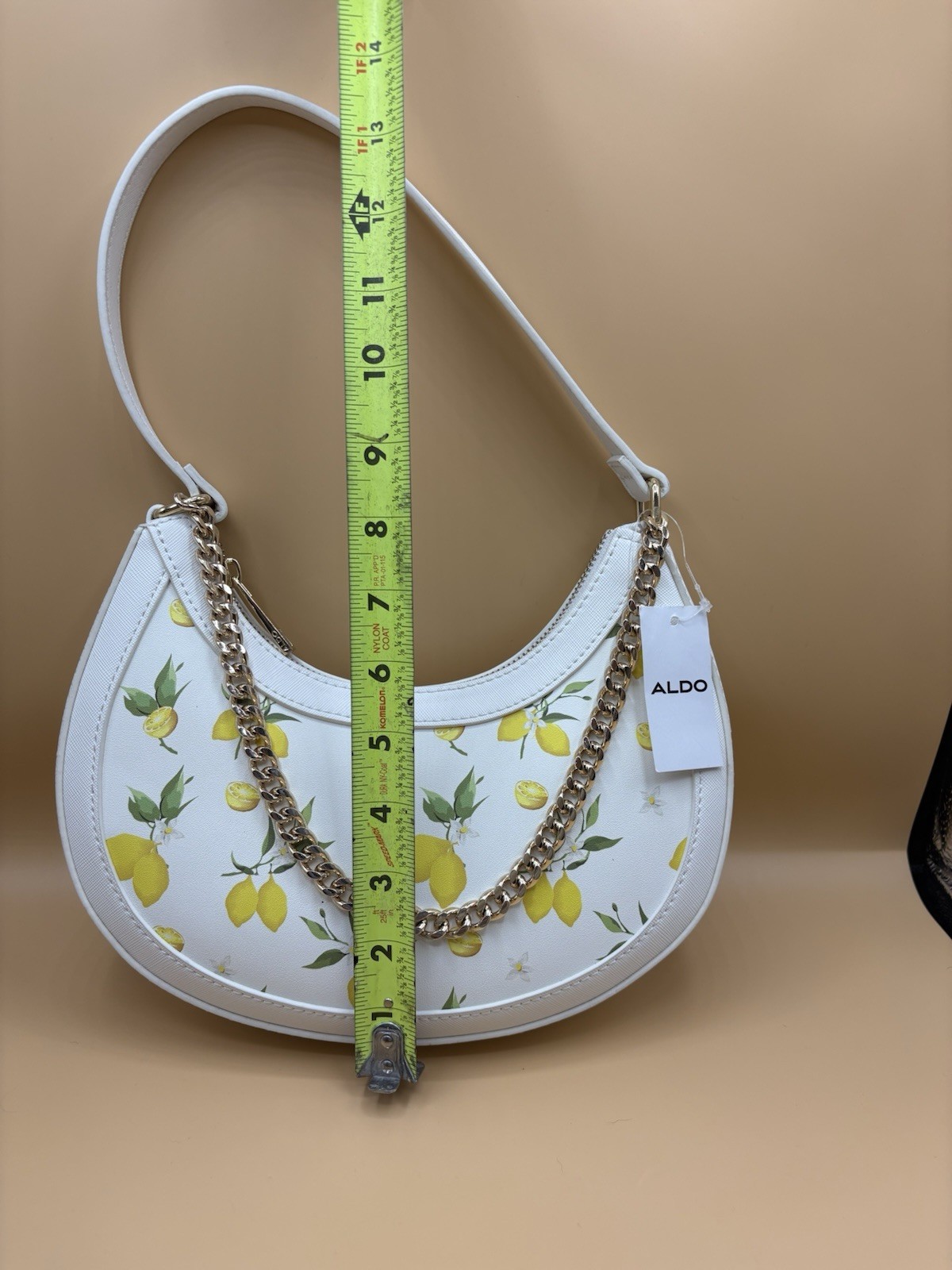 ALDO Crescent Shoulder Bag White Lemon Print Gold Chain Strap Zip Closure