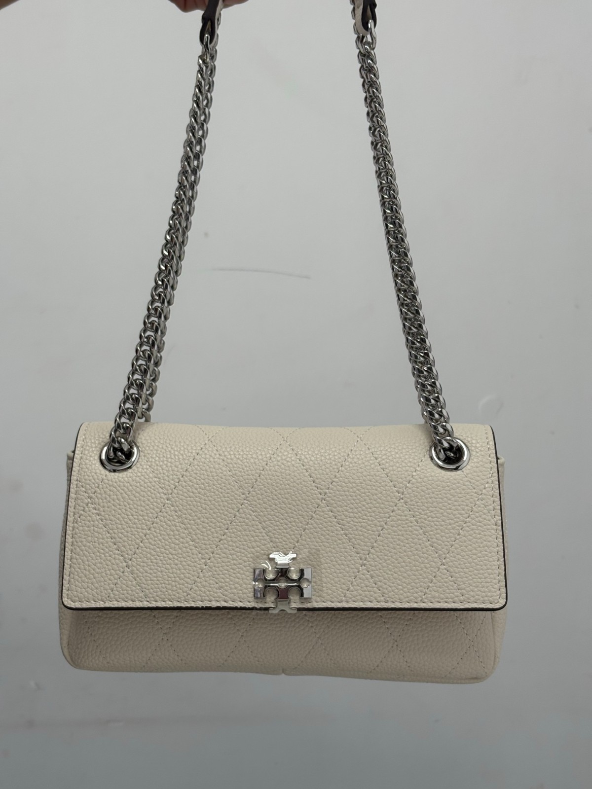 Tory Burch Charlie Small Quilted Leather Chain Shoulder Crossbody Bag Cream