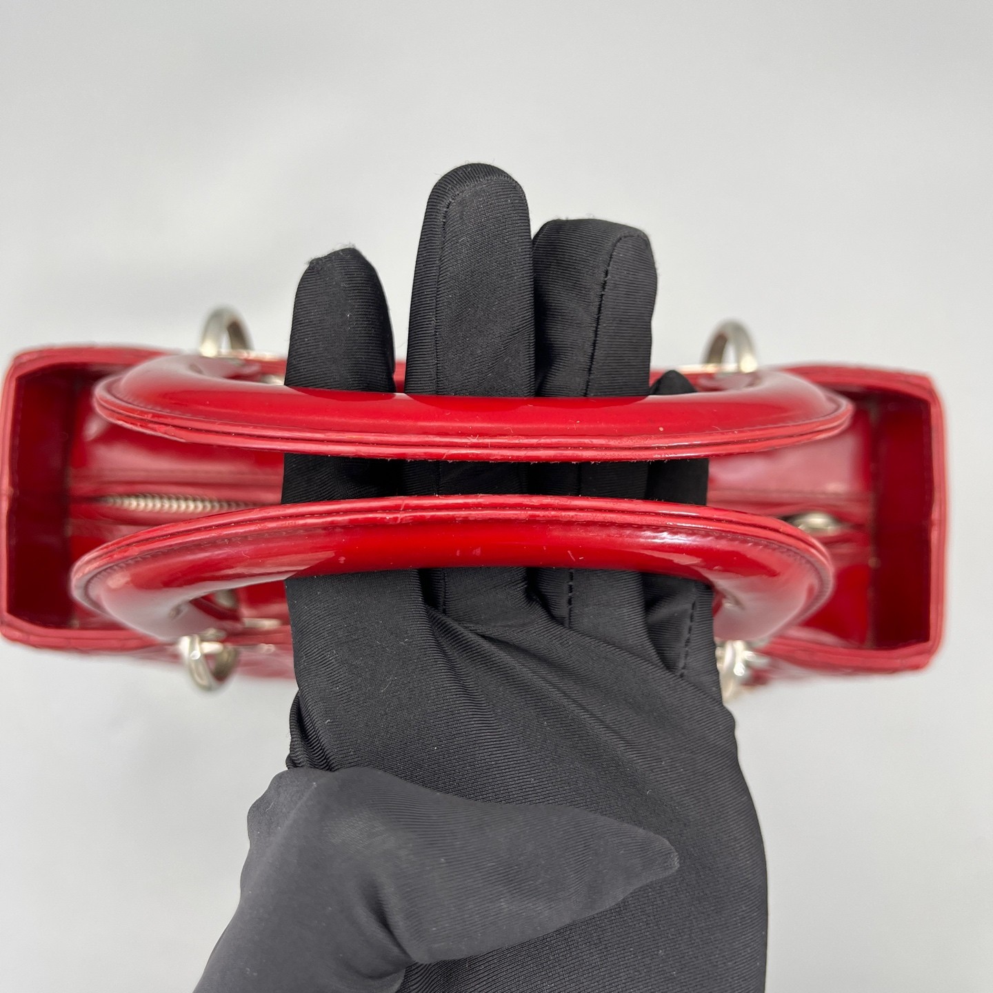 AUTH DIOR Lady Dior Medium Red Patent Leather Top Handle Bag.