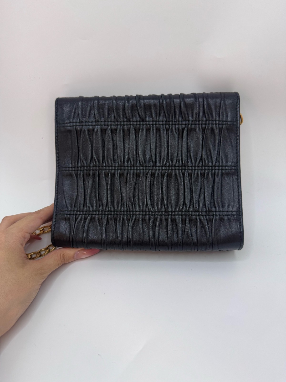 Prada black gold pleated chain bag with mirror sheepskin normal use traces