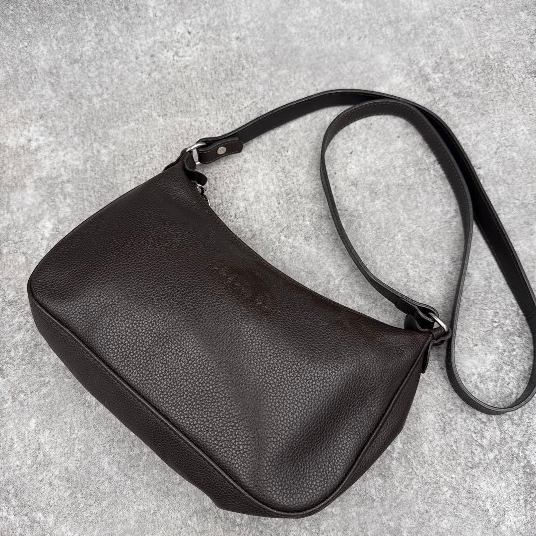 Longchamp Dark Brown Leather Crossbody Bag Pebbled Vintage Y2K Horse Logo 26cm