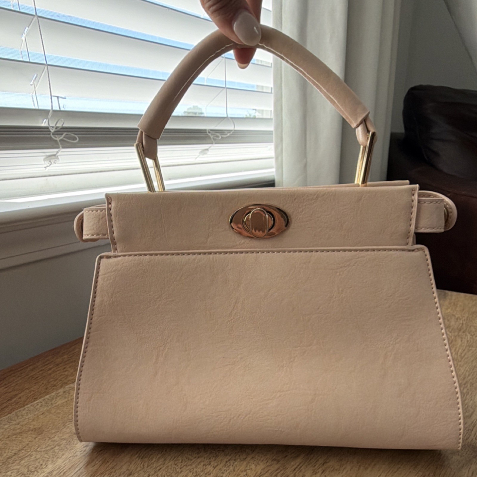 KAARI BLUE Beige Satchel Top Handle Turn Lock Zip Detachable Strap Gold