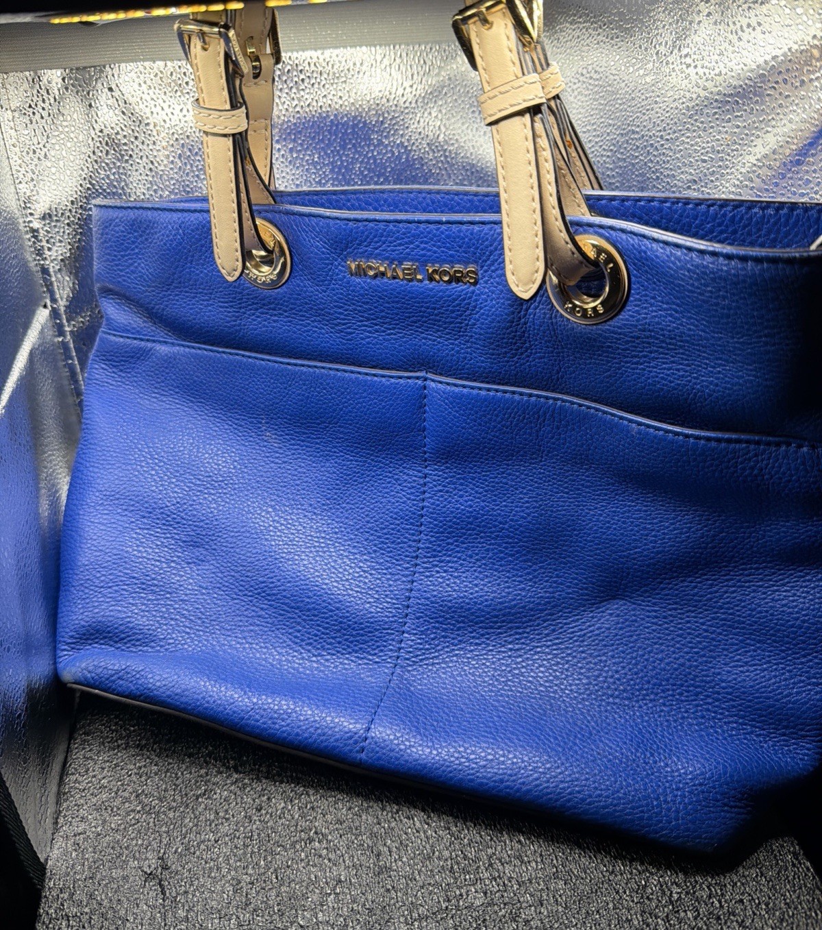 Michael Kors Cobalt Blue Pebbled Shoulder Bag Gold Hardware Logo Accent Zipper