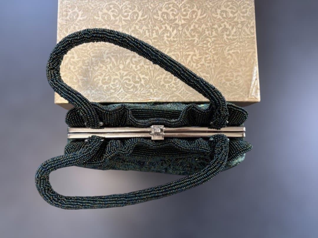 Japanese Beaded Bag Dark Green 9×6.7×6.5 Inches Un All Beads