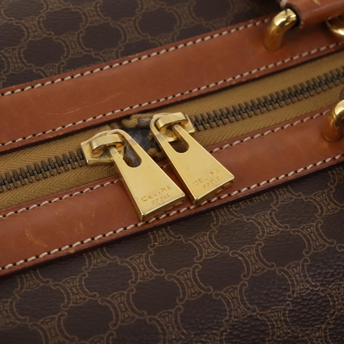 CELINE Macadam Canvas Boston Bag PVC Leather 2way Brown Gold Auth ep14007
