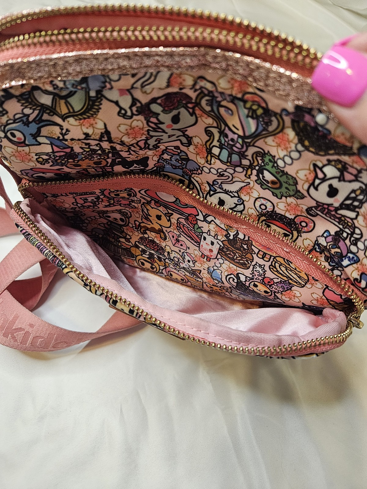 tokidoki Character Print Zip Crossbody Bag Multicolor Pink Strap 9×9