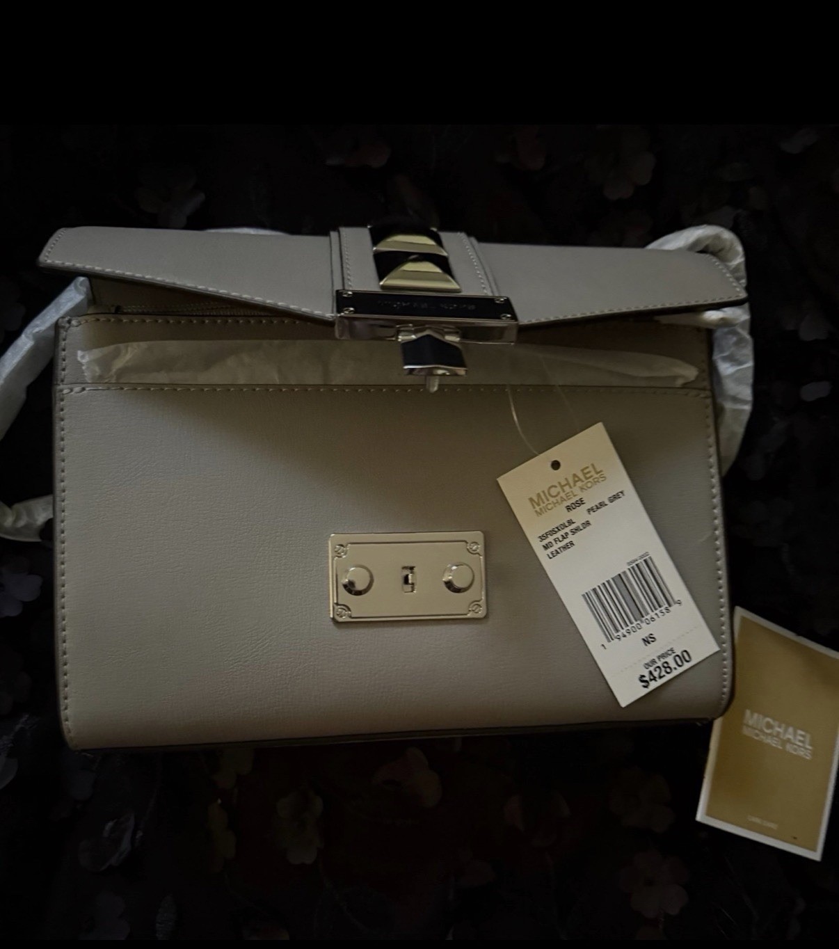 Michael Kors Pearl Gray Shoulder Bag Studded Chain Strap Lock Silver