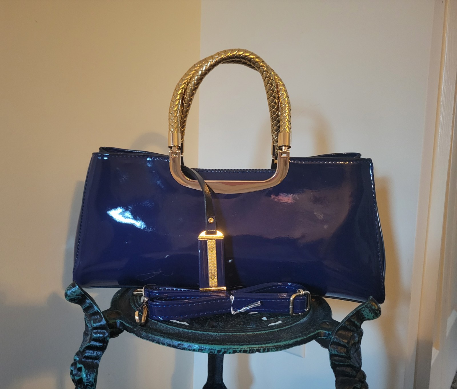 Elegant Patent Leather Bag/Crossbody Purse Glossy Royal Blue Gold Accent PU New