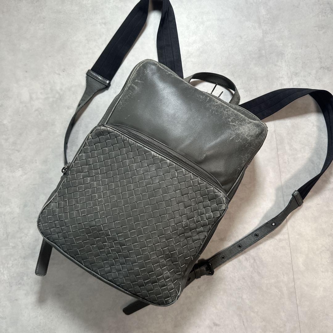 BOTTEGA VENETA Intrecciato Backpack Dark Gray Leather Big Bag Used Authentic