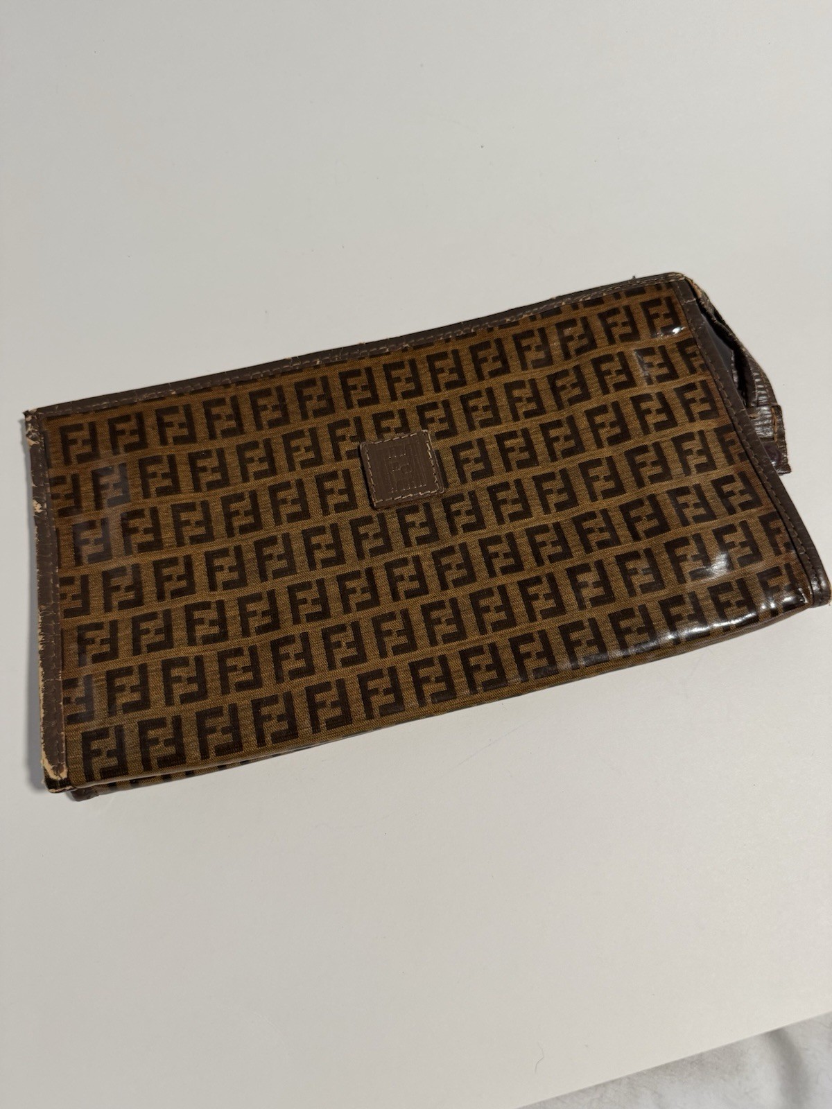 Fendi Zucca FF Logo Monogram Brown Canvas w/ Leather Trim Large Pouch Clutch Bag
