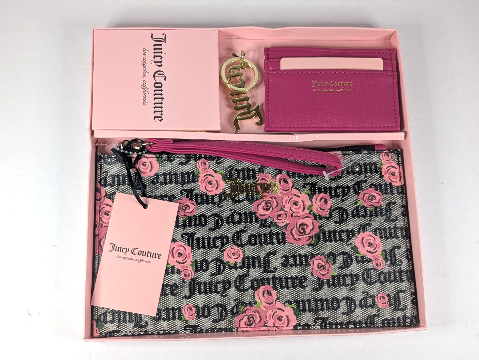 JUICY COUTURE 3 PC Gift Set: Wristlet Card Wallet Keychain New In Box