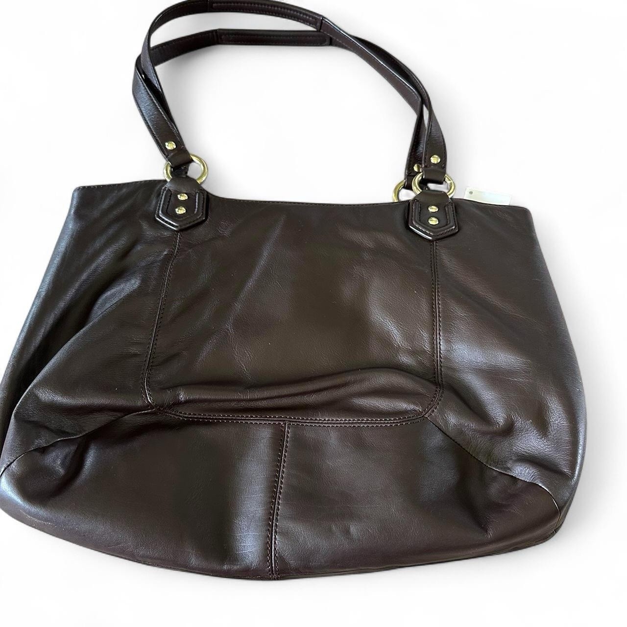 Coach Brown Large Shoulder Bag w/ Front Buckle Pocket, Zip Top, Gold Hardware