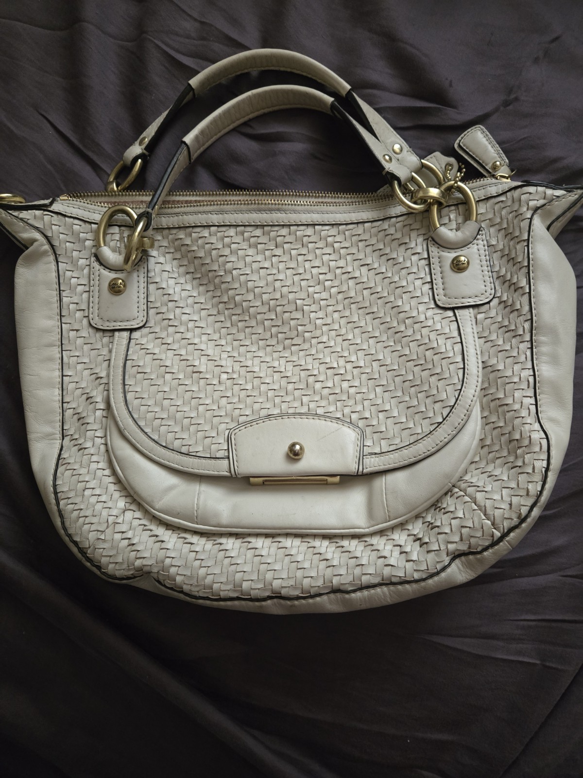 Coach Madison Woven Leather Shoulder Bag Cream White Gold Hardware