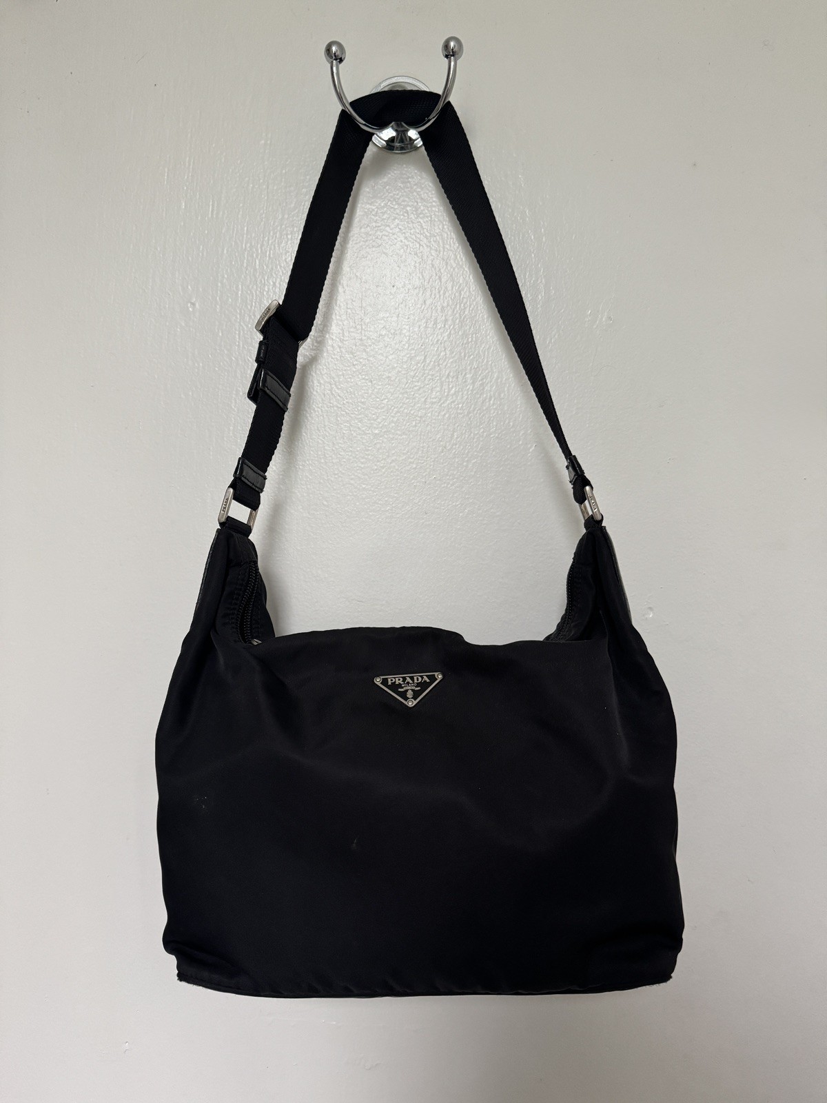 PRADA Tessuto Black Nylon Shoulder Bag Vintage Triangle Logo