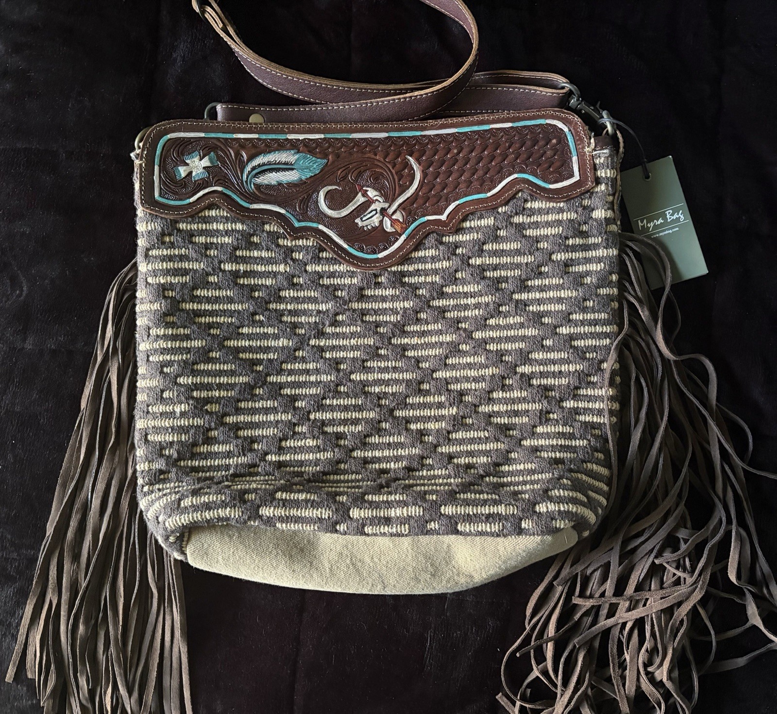 Myra Bag Western Fringe Embroidered Geometric Crossbody, Brown/Gray