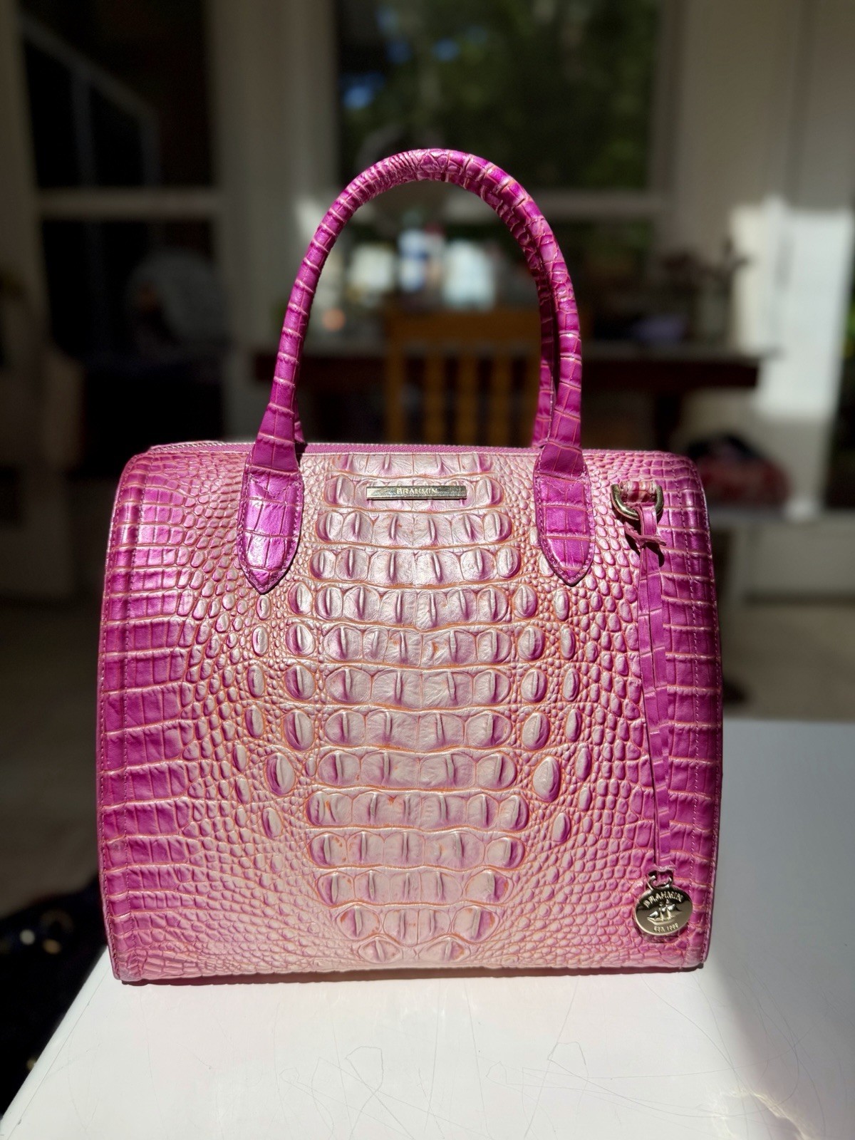 🩷🧡 Brahmin PEONY OMBRÉ CAROLINE leather satchel VGUC Beautiful!! RARE!