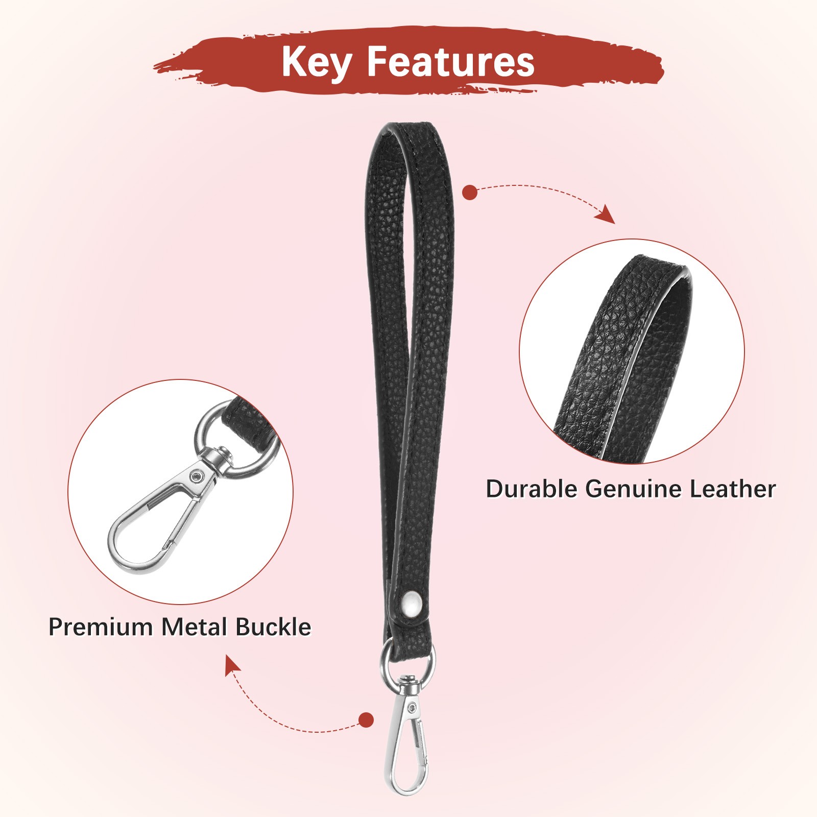 Wristlet Strap [1PCS] – PU Leather Hand Strap – [Black-Silver-8.27In]