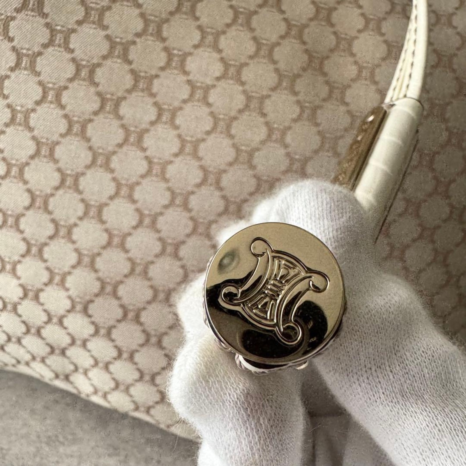 CELINE Bittersweet Tote Bag Macadam Canvas Croc Embossed Leather Ivory Beige