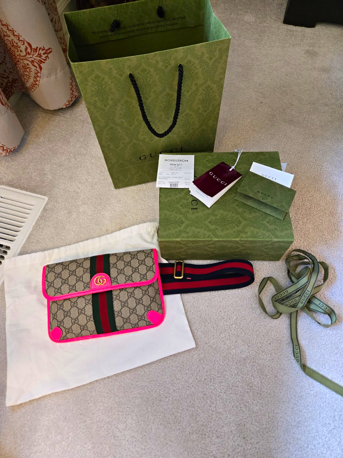 Gucci GG Supreme Crossbody Beige/Pink Web Strap Double G w/ Box & Dust Bag