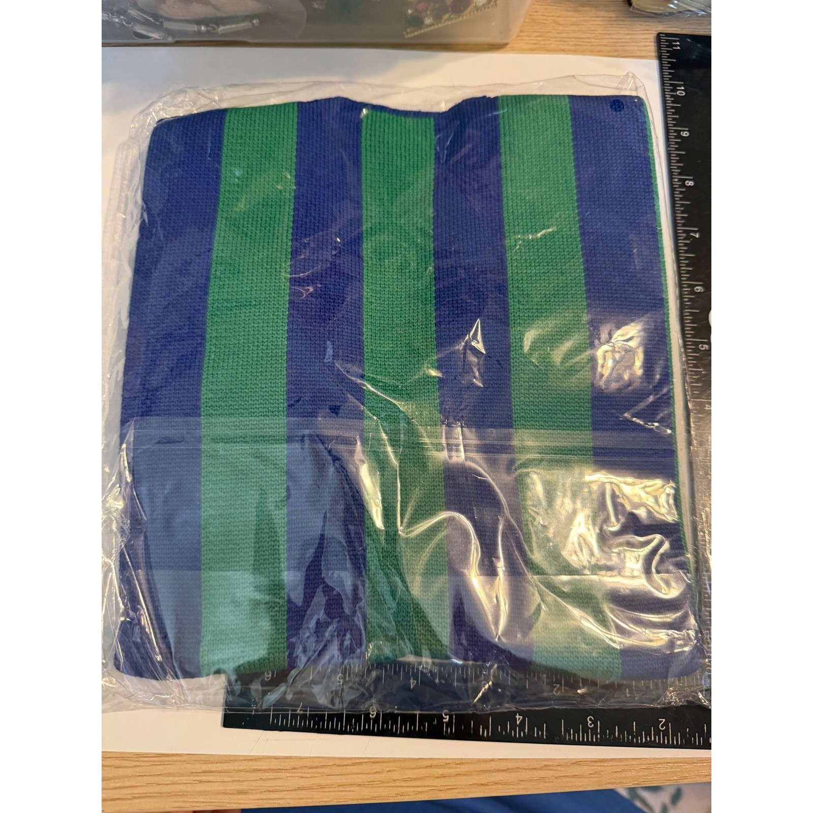 Mini Back Knit Tote Bag Blue Green Vertical Stripe Reusable Shopper Small