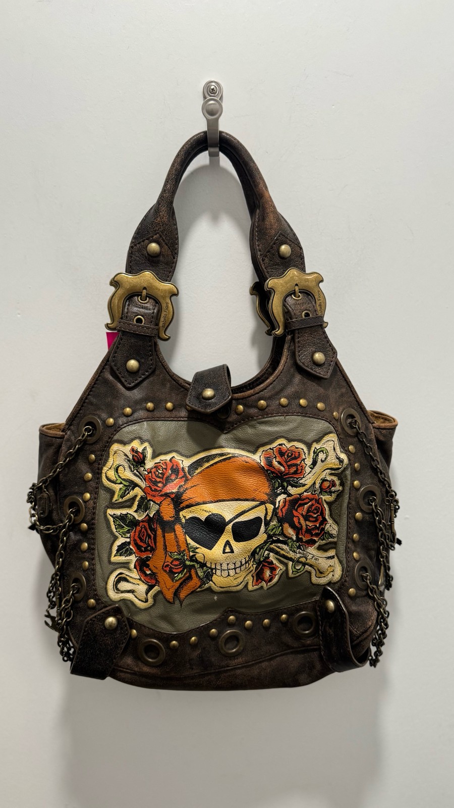 Isabella Fiore Dark Brown Leather Tatoo Size Large Embellished Purse