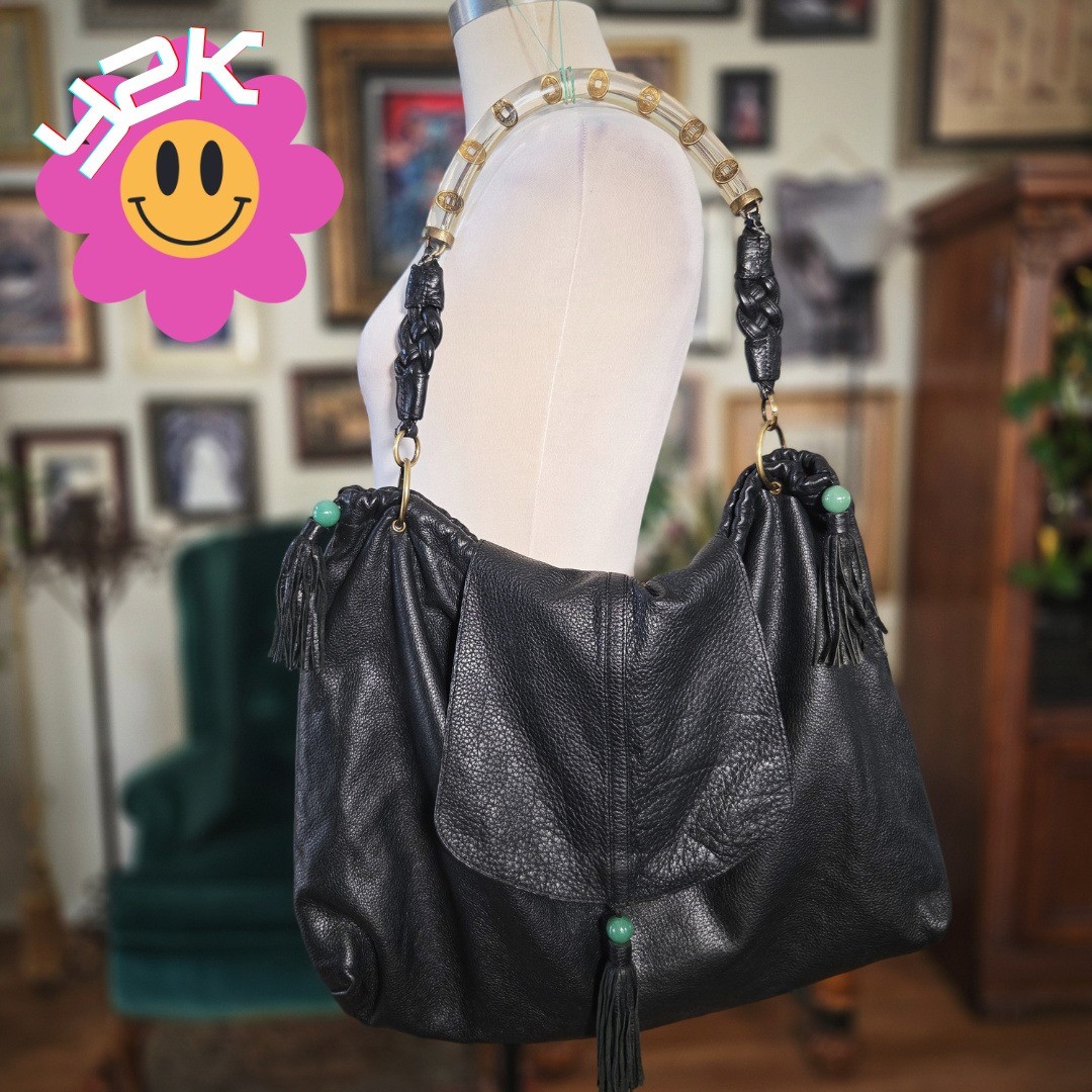 Shanghai Tang Leather Hobo Bag Black Vintage Y2K Acrylic Coin Handle Tassel