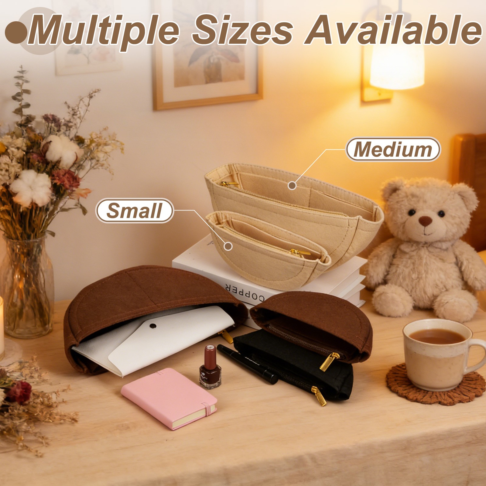 Black Medium Felt Purse Organizer Insert for Underarm Bag, 26 x 8 x 12.5cm