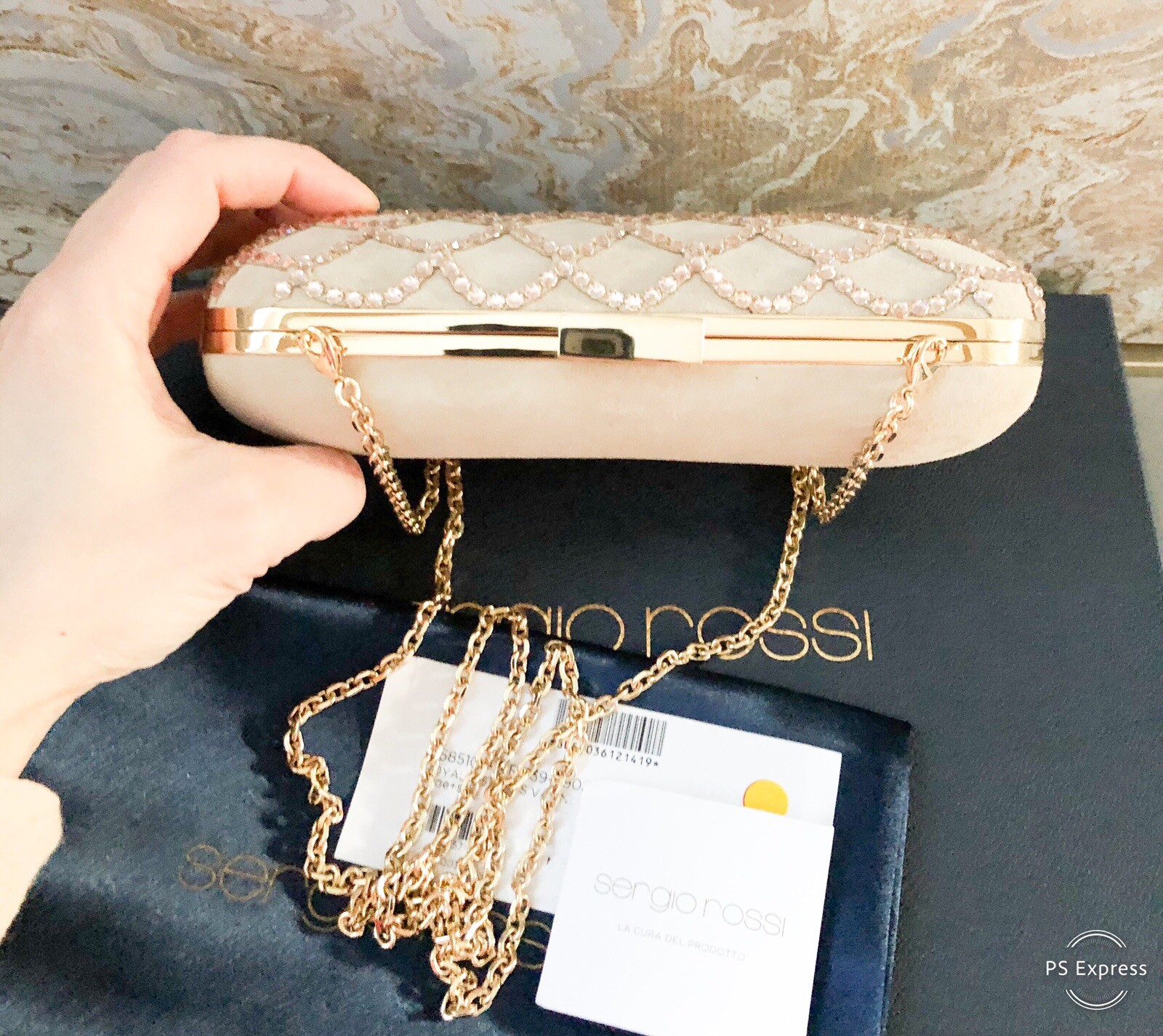 Sergio Rossi Suede Crystal Embellished Chain Clutch