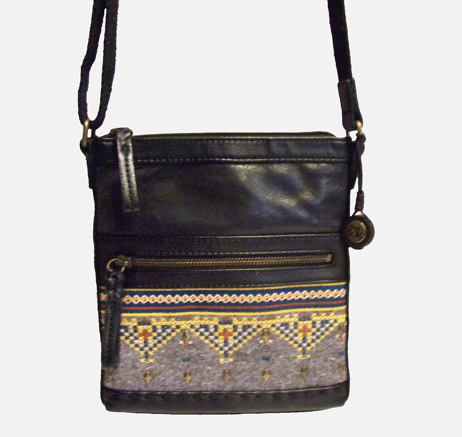 The Sak Indio Black Glazed Smooth Genuine Leather Tapestry Piecing CB Handbag