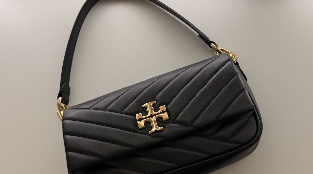 Tory Burch Black Chevron Quilted Leather Shoulder Bag Gold Logo Top Handle Purse