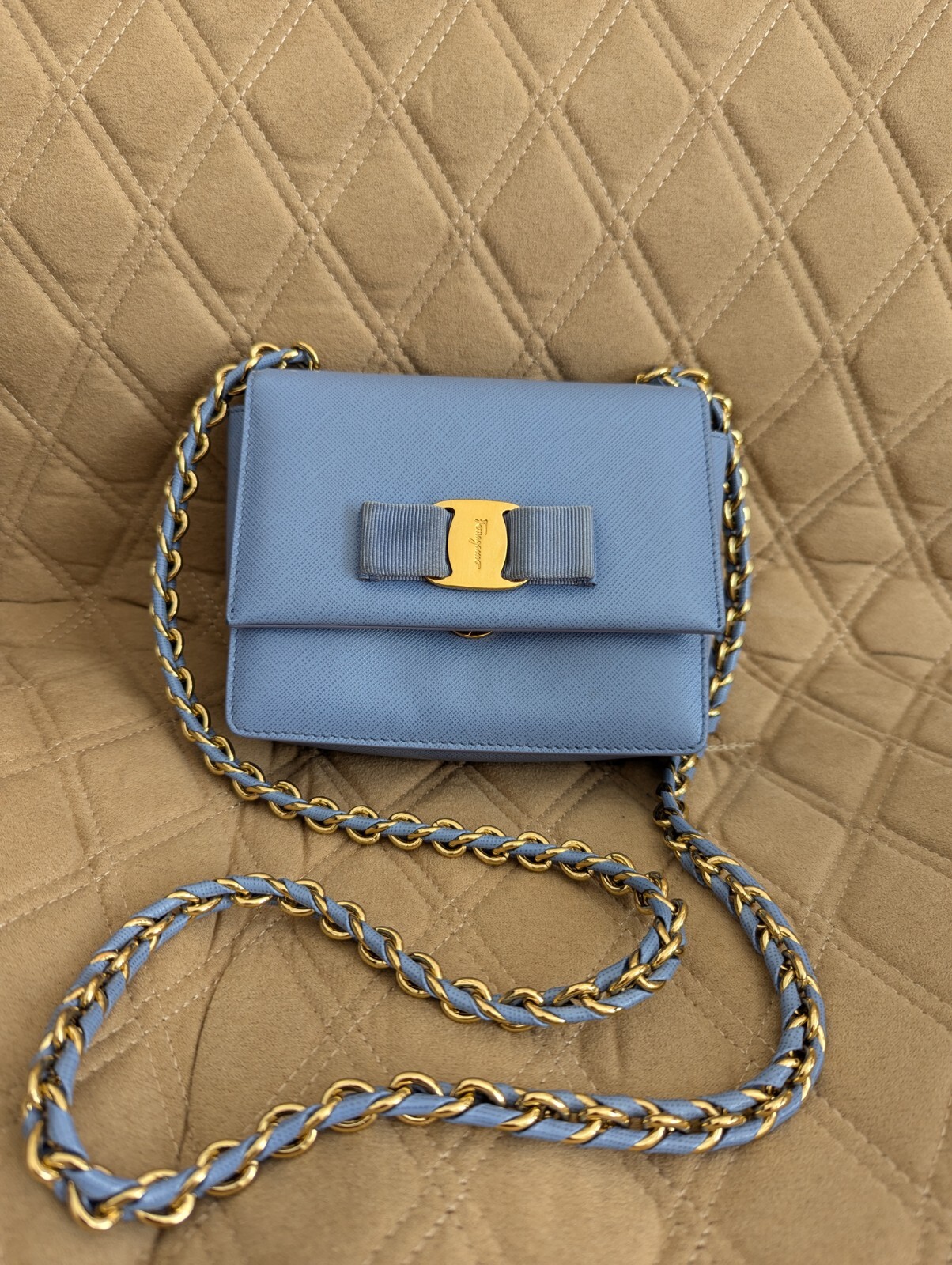 Salvatore Ferragamo Vara Bow Blue Leather Chain Crossbody Mini Bag Shoulder