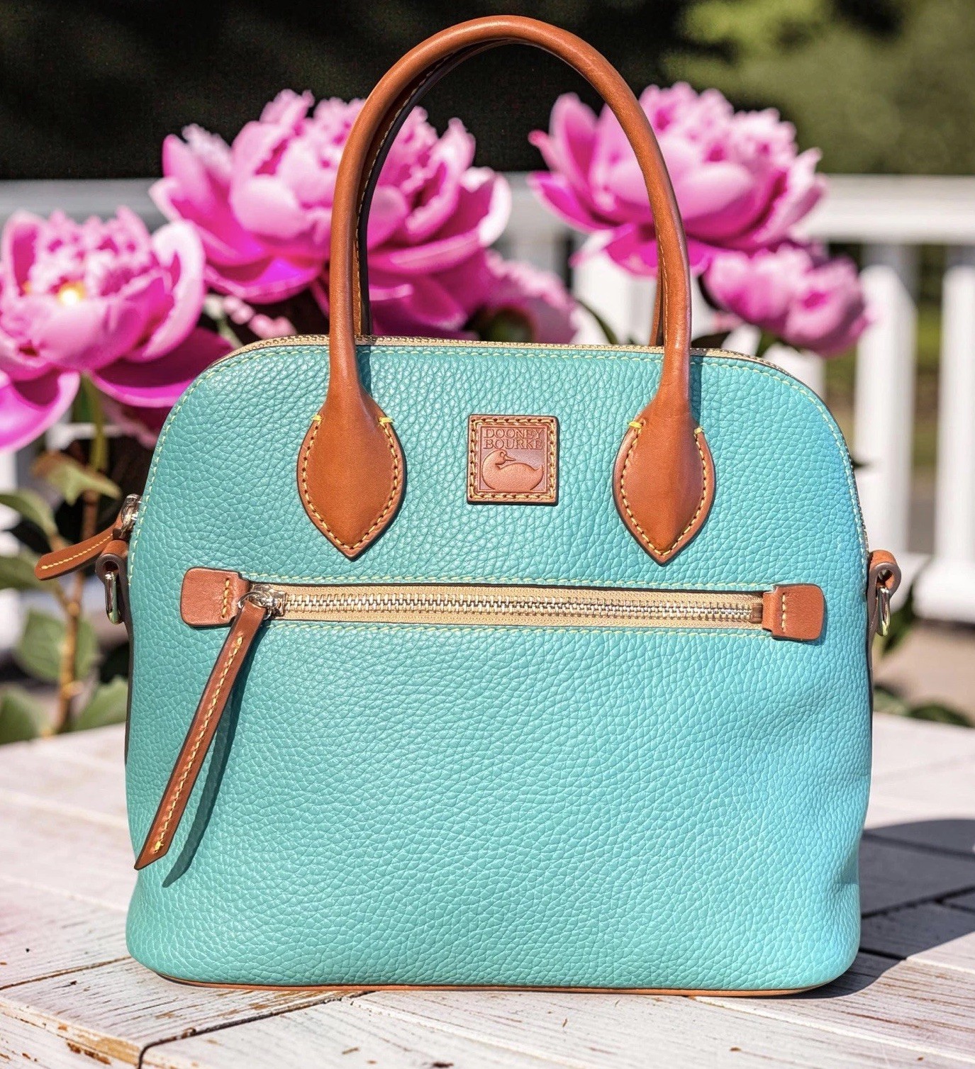 Dooney Bourke Spearmint Turquoise Green Domed Satchel Bag Pebbled Leather Purse