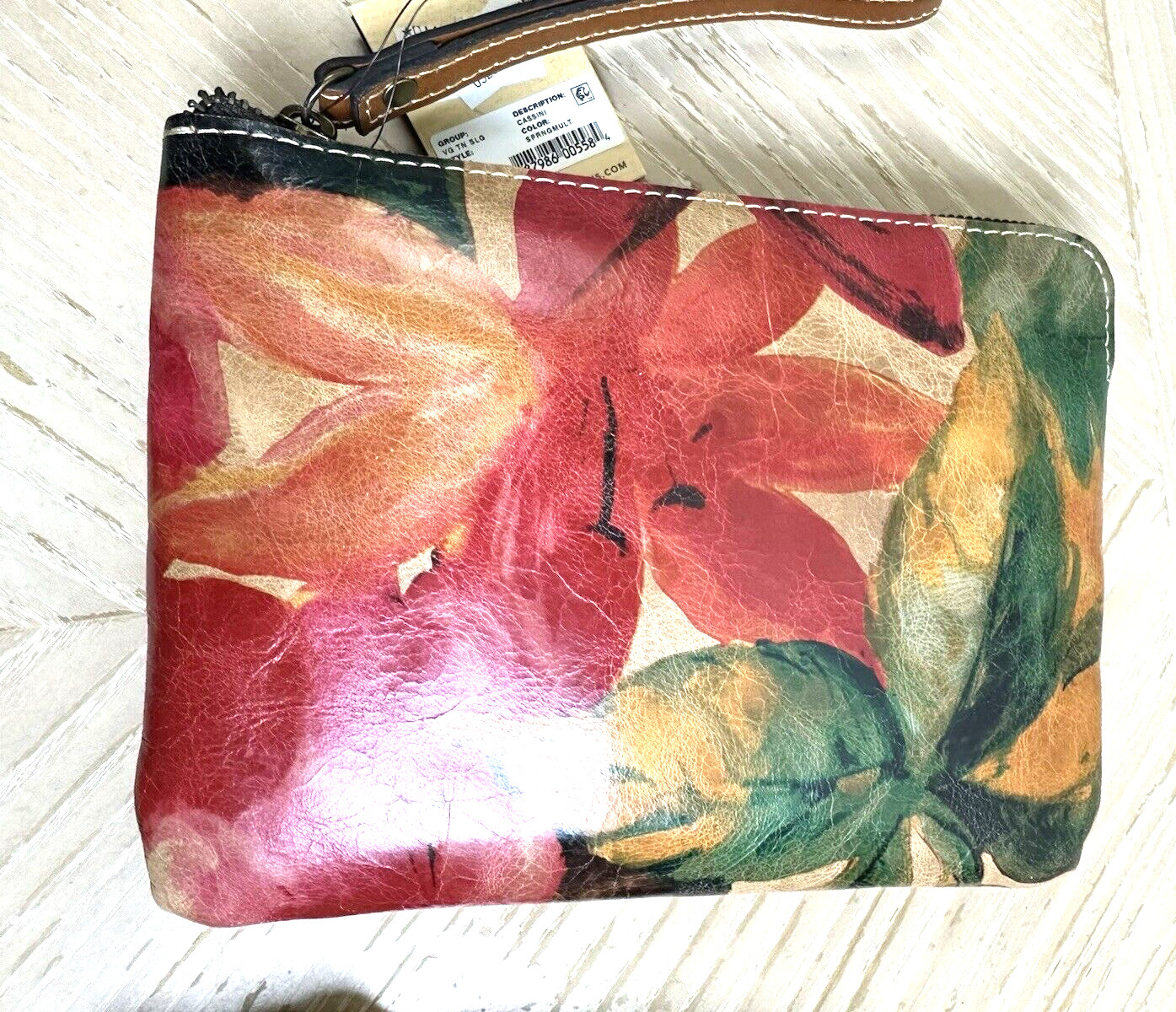 PATRICIA NASH SPRING MULTI TAN RED PINK FLORAL LEATHER WRISTLET & SCARF SET