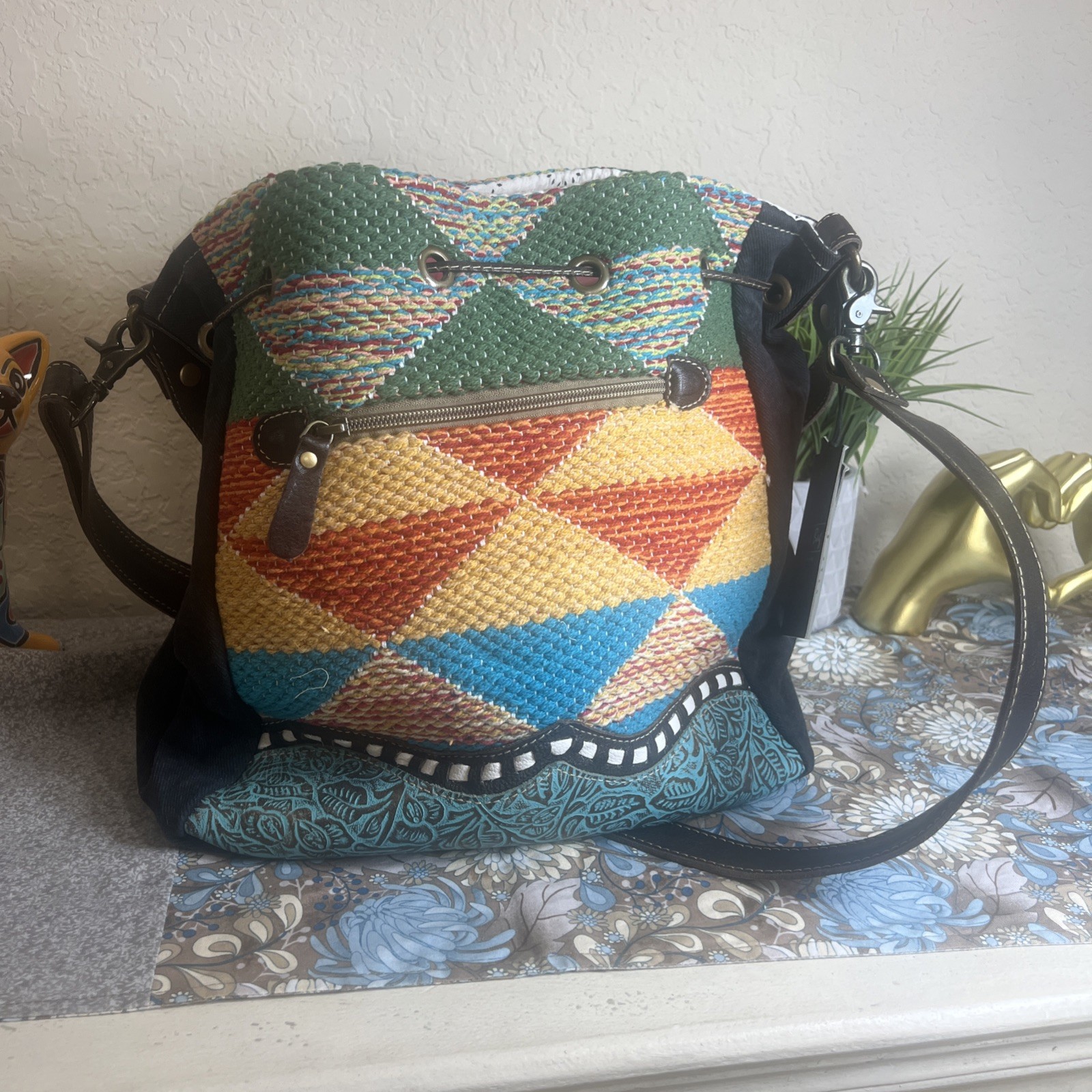 Myra Bag Handmade Bohemian Western Bucket Bag Upcycled Canvas & Cowhide Leather