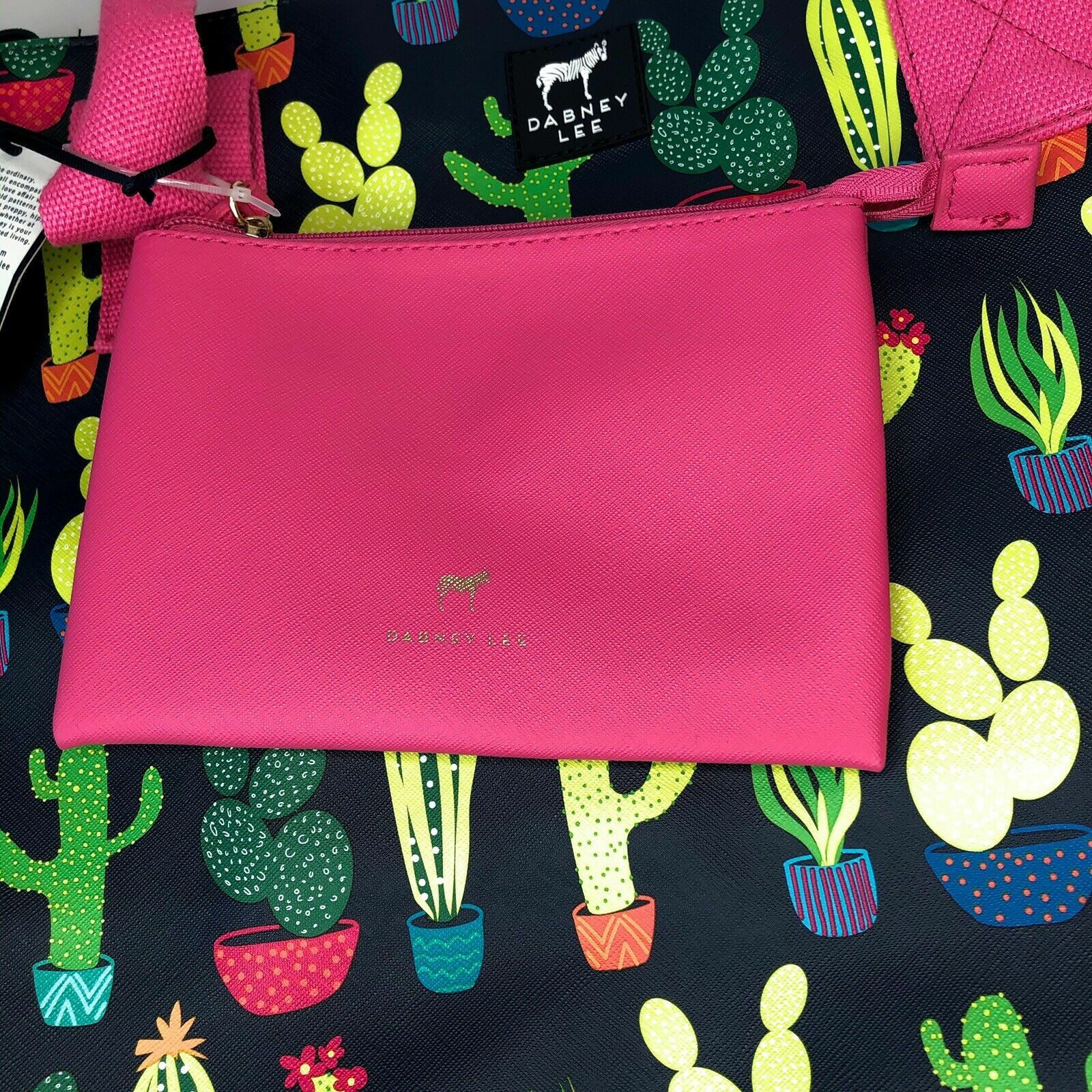 NEW Dabney Lee Navy Cactus Large Zippered Tote w/ Removable Pouch Clutch