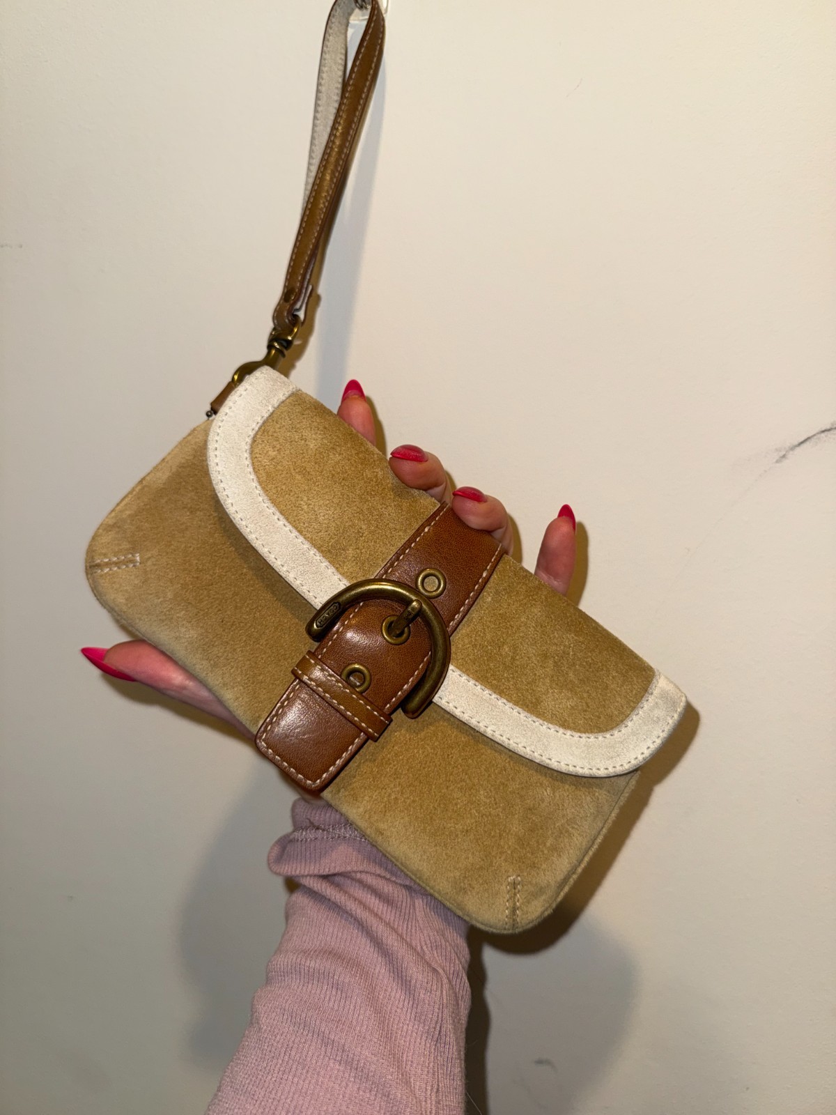 Coach Suede Leather Buckle Wristlet Clutch Tan Ivory Legacy Y2K EUC