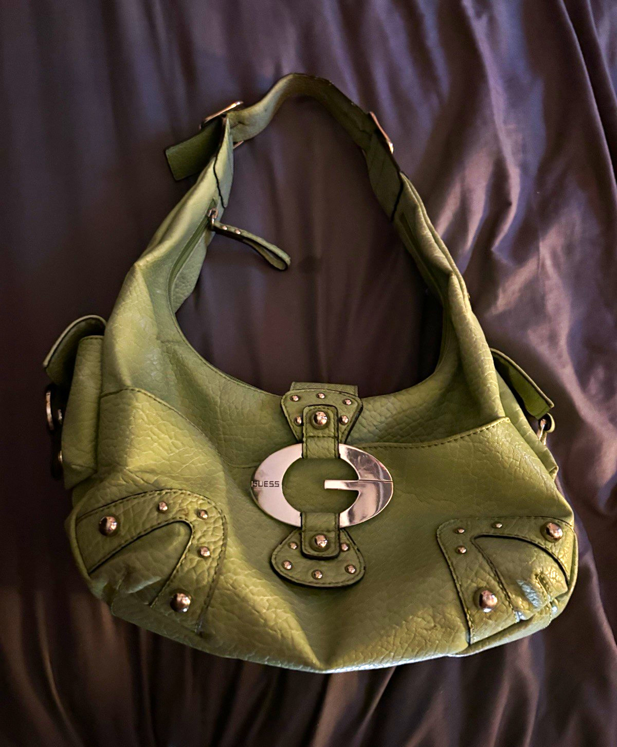 GUESS Green Pebbled Studded Shoulder Bag Zip Closure Inner/Outer Pockets
