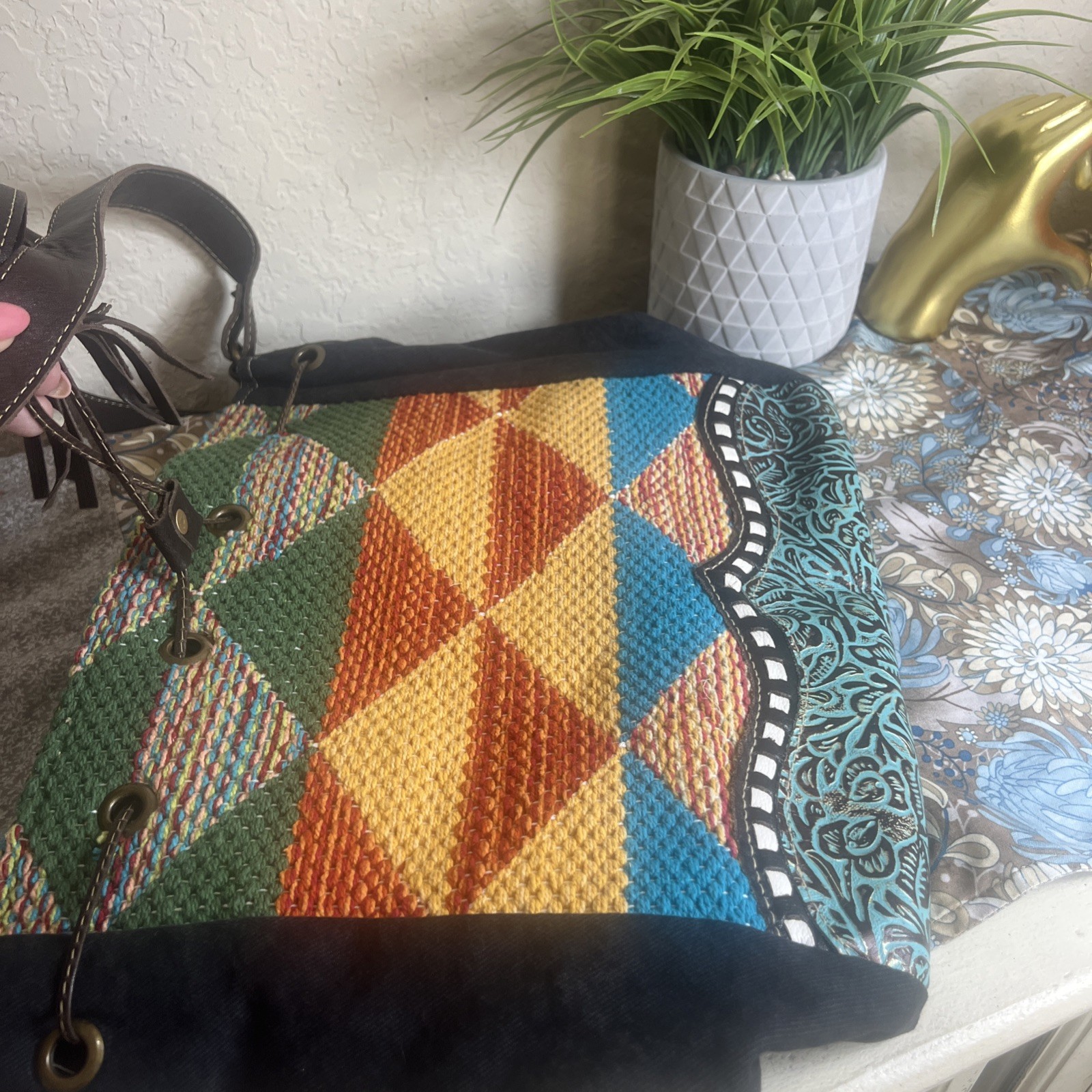 Myra Bag Handmade Bohemian Western Bucket Bag Upcycled Canvas & Cowhide Leather