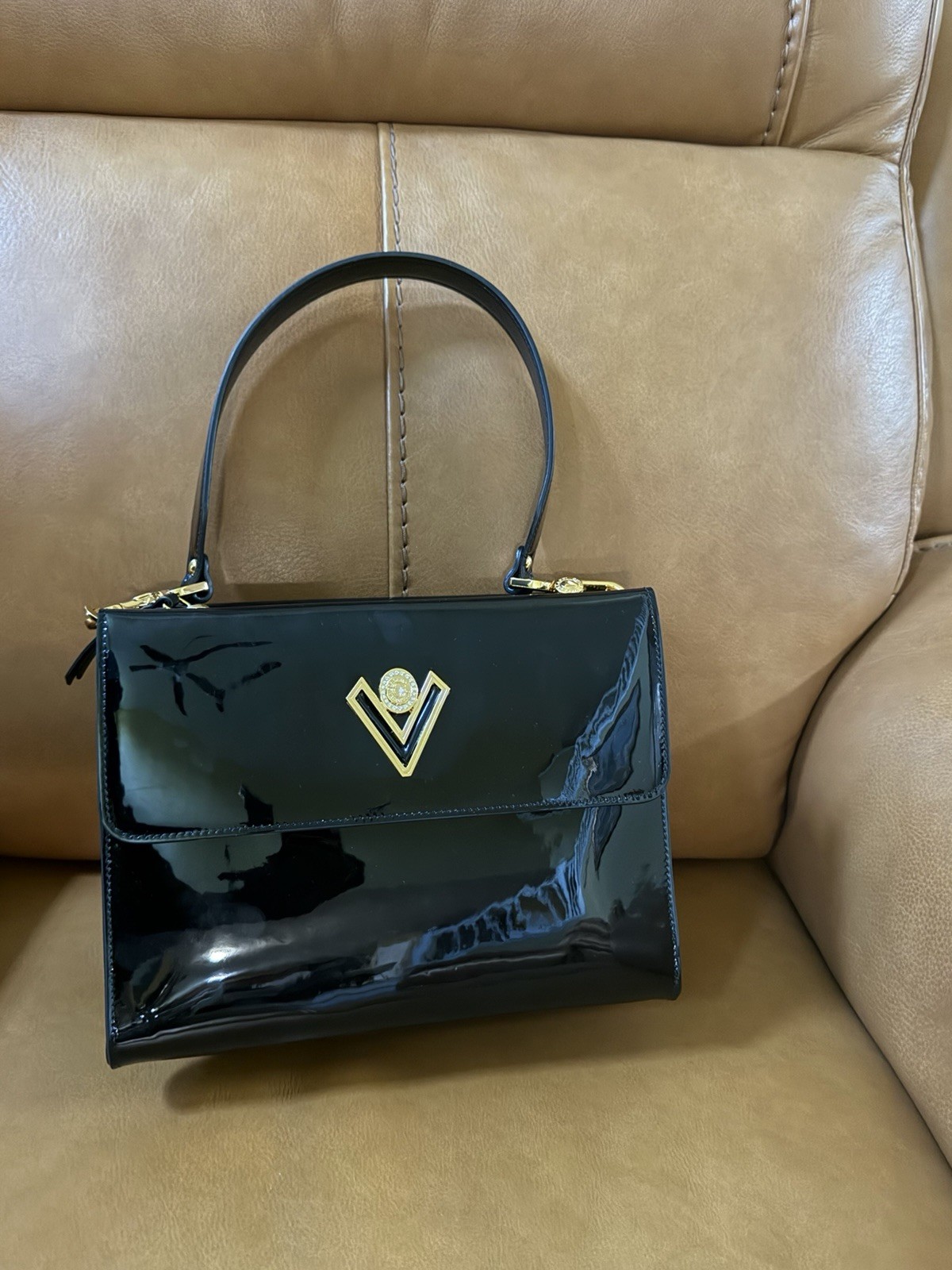 New Valentino Orlandi Patent Leather Triple Compartment Satchel Shoulder Handbag