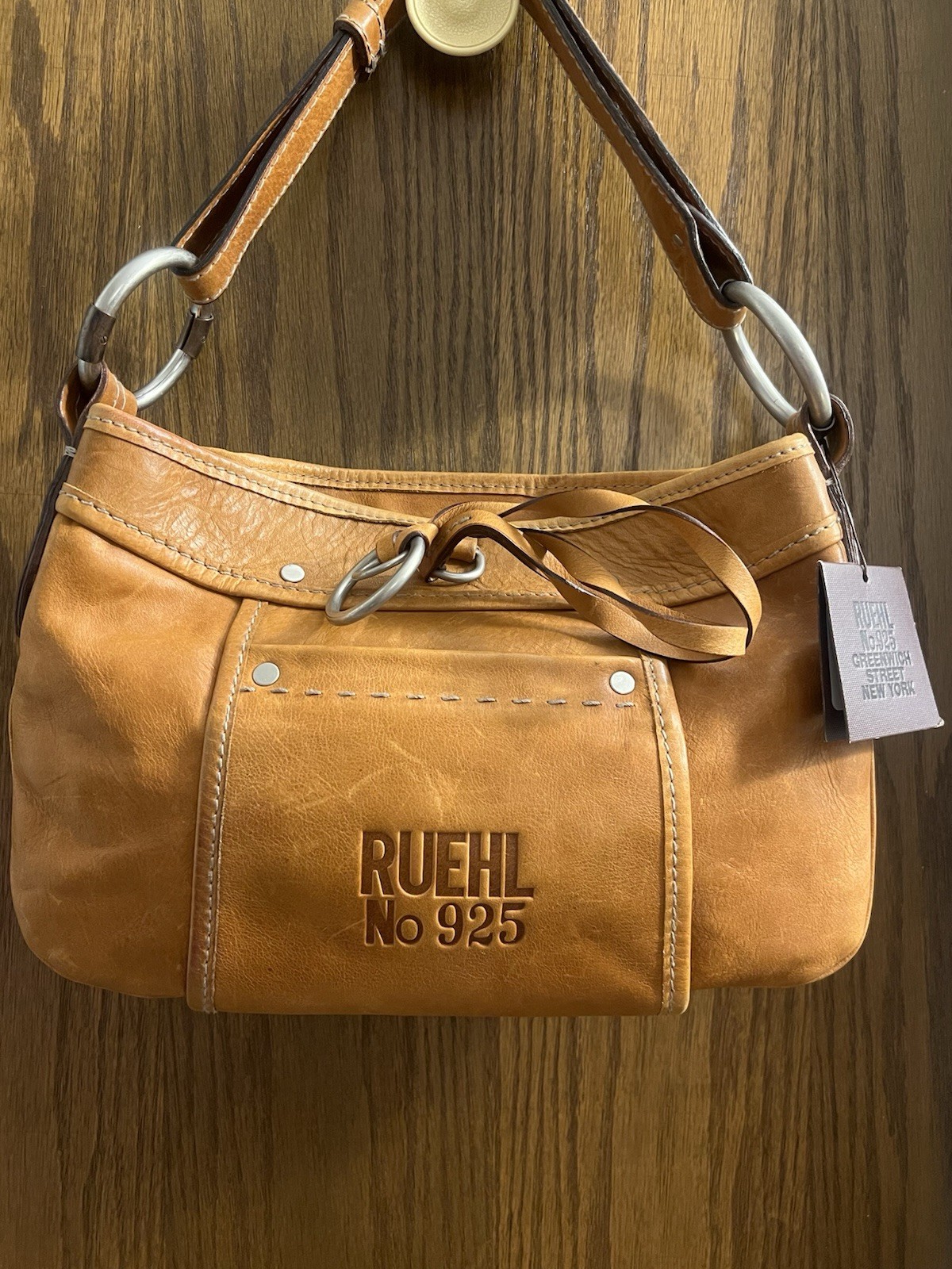 Ruehl No. 925 Tan Distressed Leather Shoulder Bag Ring Tie Studded Accents