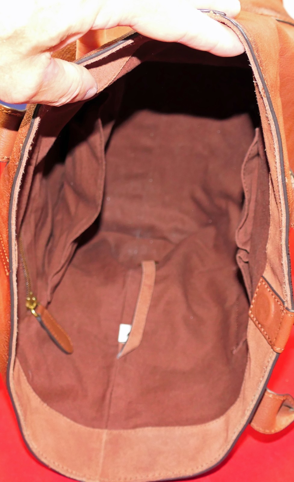 FRYE COGNAC LEATHER DUAL-HANDLE MAGNETIC-CLOSURE FABRIC LINED BRASS~TRIM BAG
