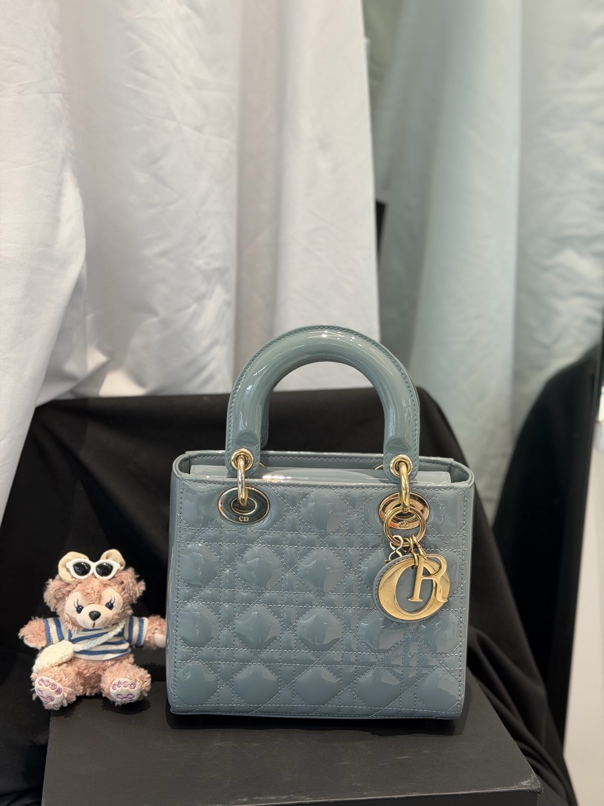 Dior Lady Dior Small Haze Blue Patent Leather Gold Tone No Strap Duty Paid