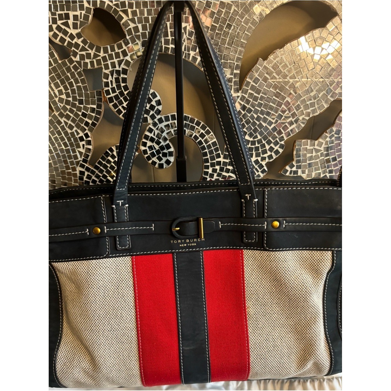 💕Tory Burch Canvas & Leather Shoulder Bag with Red Stripe